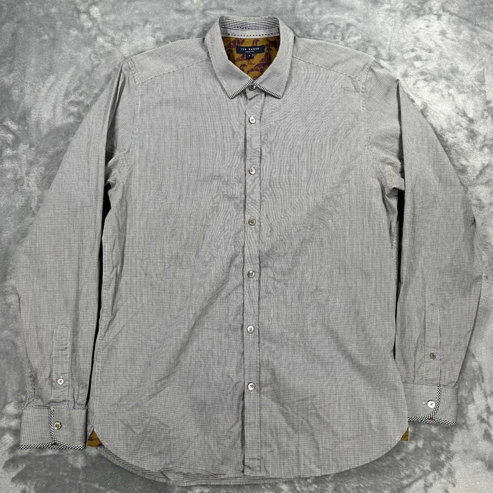 Ted Baker London Mens Grey Micro Check Long Sleeve Button Down Shirt Size 4 L